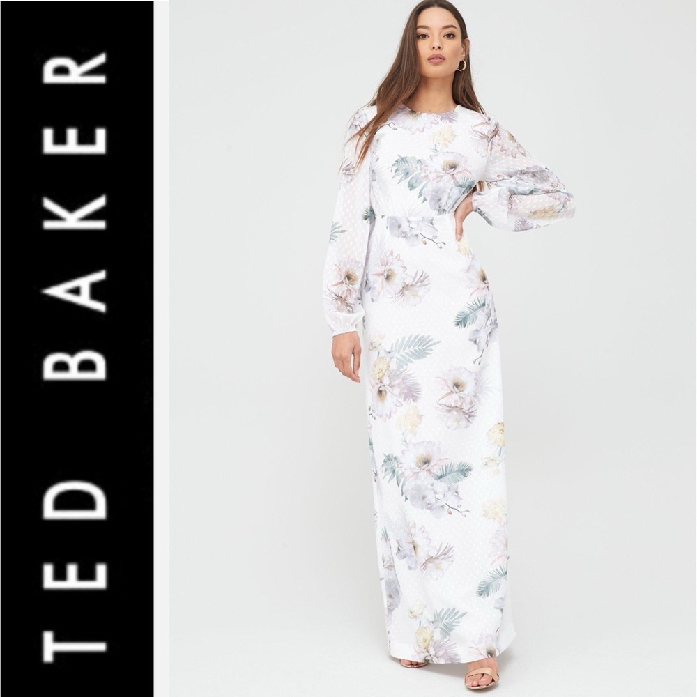 NWT SZ 2 Ted Baker SONNA WOODLAND LACE TRIM MAXI DRESS IN IVORY long sleeve